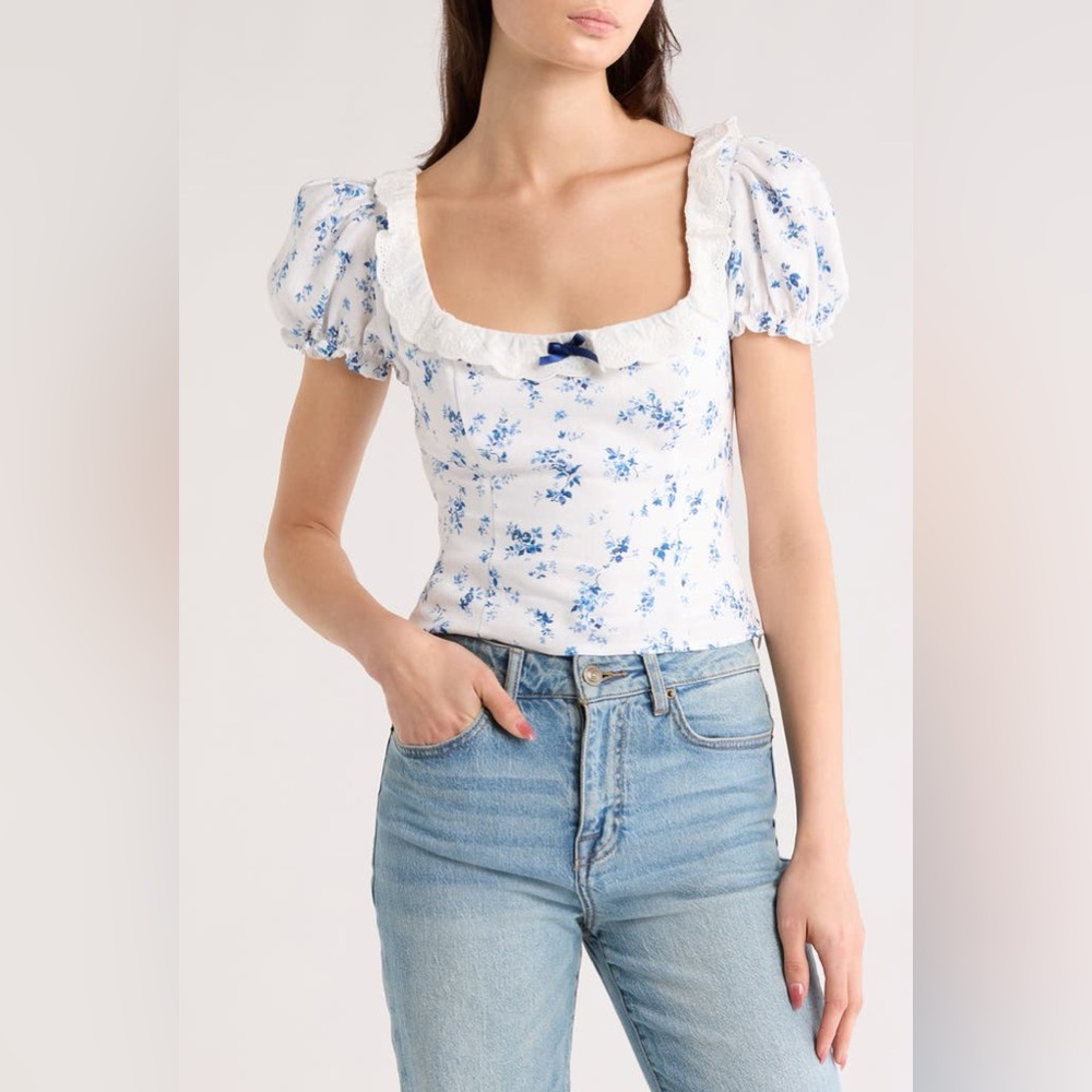 NWOT Reformation Alice Lace Trim Puff Sleeve Crop Top size 6 in Orlaya